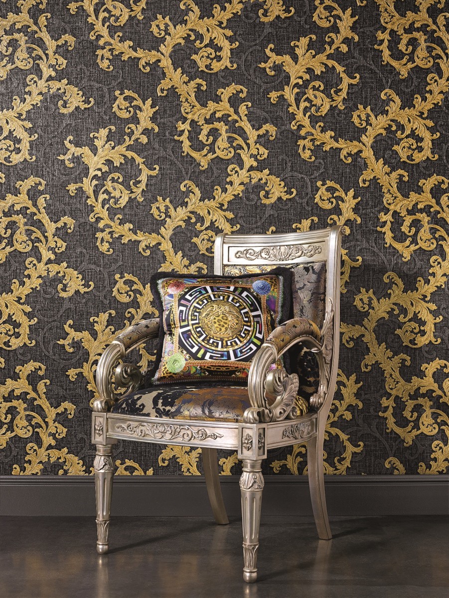 Versace Designer Wallpaper Black & Gold Official Greek Key Luxury Satin